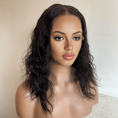 Women Black Human Hair Wig Lace Front Long Curly Middle Part Natural Looking Realistic 14 Inches