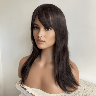 Women Black Real Human Hair Long Straight Fringe Bangs Wig 20 Inches