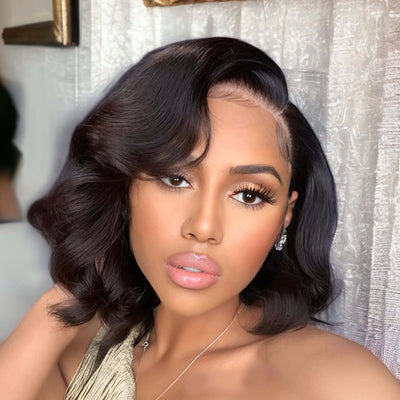 Women Black Women Human Hair 13X6 HD Transparent Lace Front Short Bob Bouncy Deep Wave Side Part Wig
