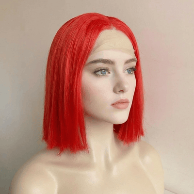 Women Bright Red Lace Front Wig Straight Short Bob Blunt Cut