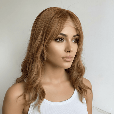 Women Brown Human Hair Wig Lace Front 13X6 Wavy Long Hair With Bangs