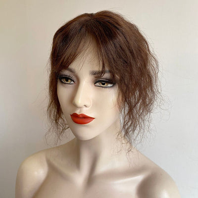 Women Dark Brown Human Curly Hair Topper With Thin Bangs Clip-In Wiglet Mesh Base