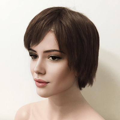 Women Dark Brown Human Hair Lace Front Wig Short Straight With Bangs 6 inches