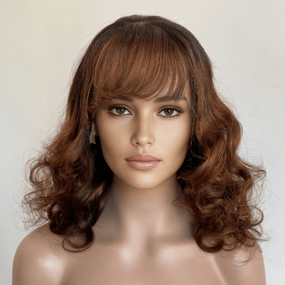 Women Dark Brown Human Hair Lace Front Wig With Bangs Ombre Dark Root Curly