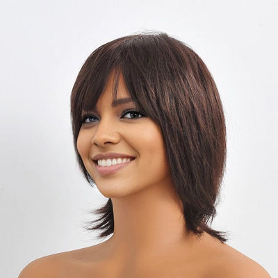 Women Dark Brown Human Hair Wig Short Wig With Bangs Straight Choppy Cutting