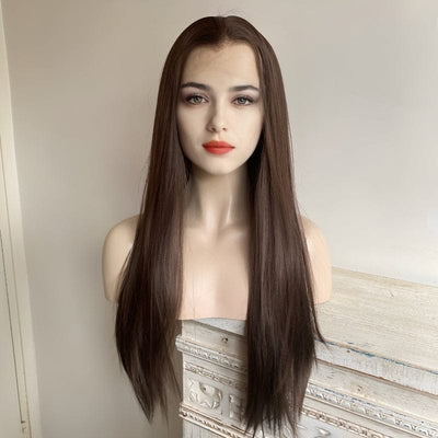 Women Dark Brown Lace Front Wig Long Straight Widows Peak Hairline Slicked Hair