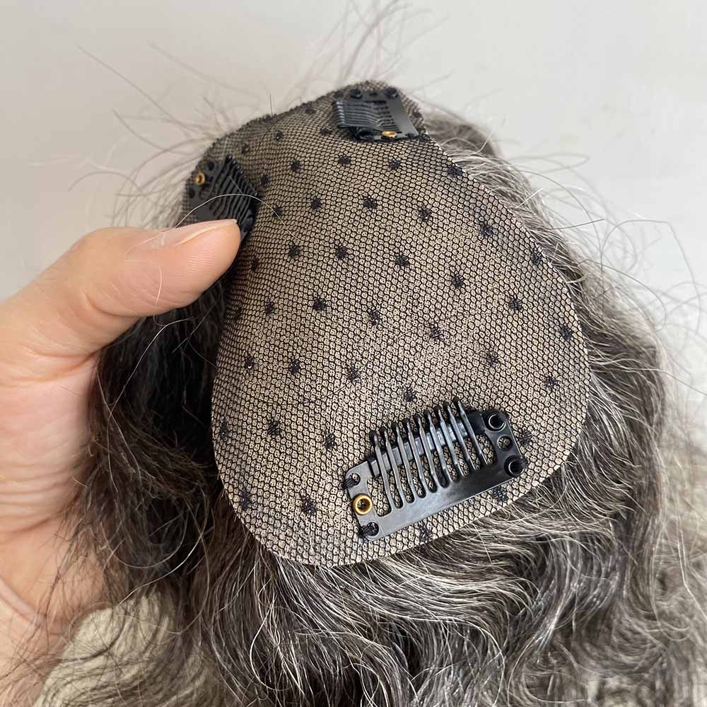 nevermindyrhead Women Dark Gray Human Hair Topper Salt Pepper For Thinning Hair Curly Clip-In Bangs