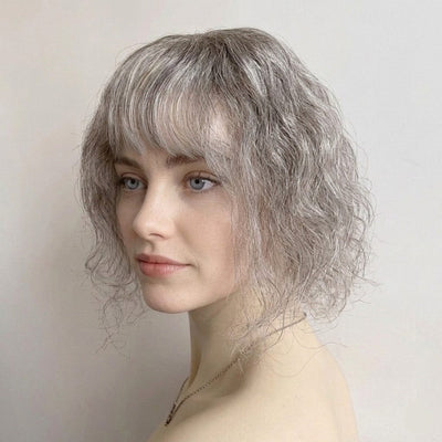 Women Gray Salt And Pepper Human Hair Topper For Thinning Hair Curly Clip-In Bangs