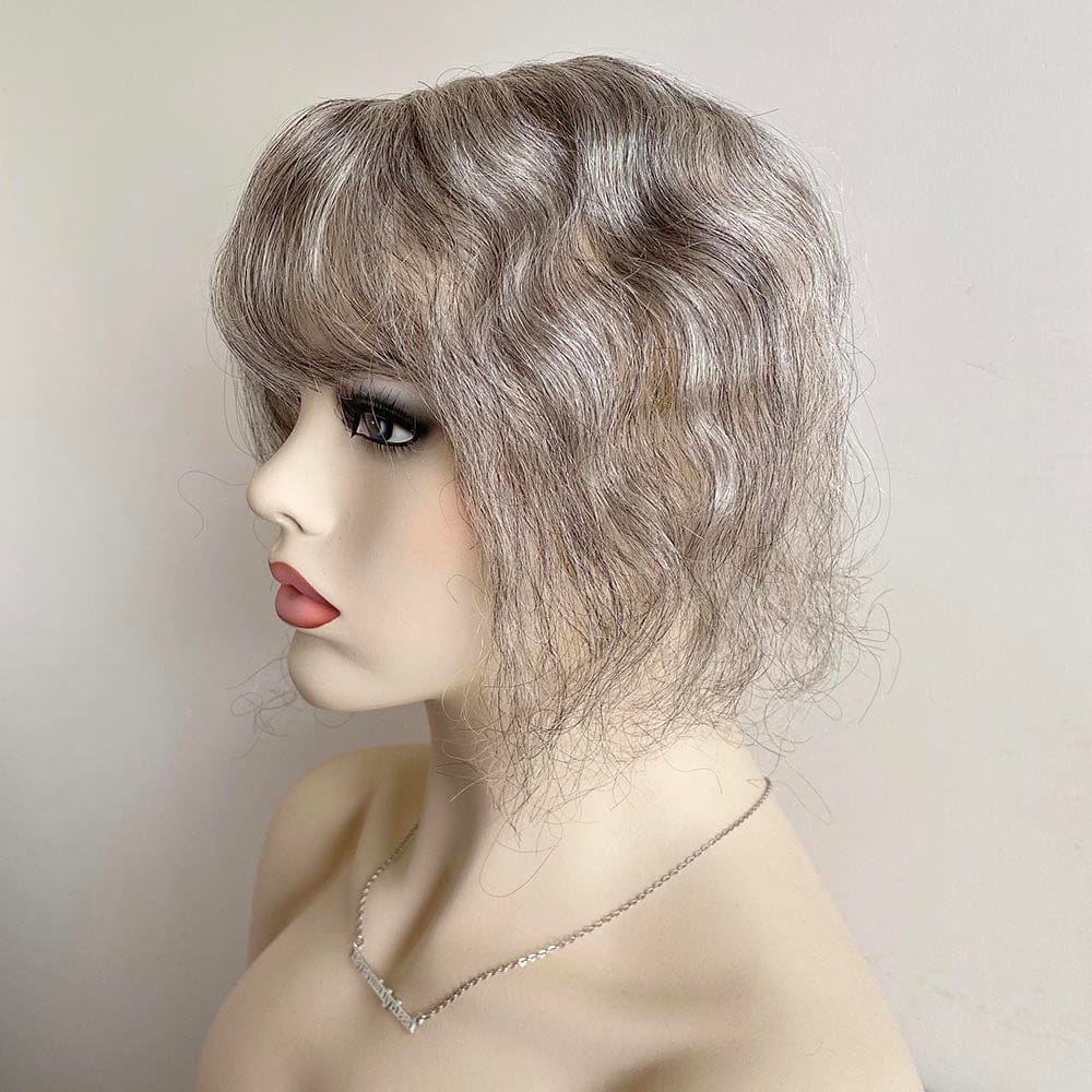 nevermindyrhead Women Gray Salt And Pepper Human Hair Topper For Thinning Hair Curly Clip-In Bangs