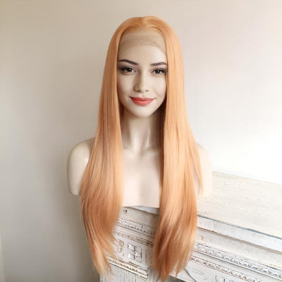 Women Peach Orange Lace Front Wig Middle Part Long Straight Hair