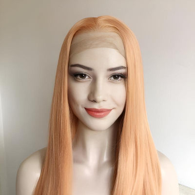 Women Peach Orange Lace Front Wig Middle Part Long Straight Hair