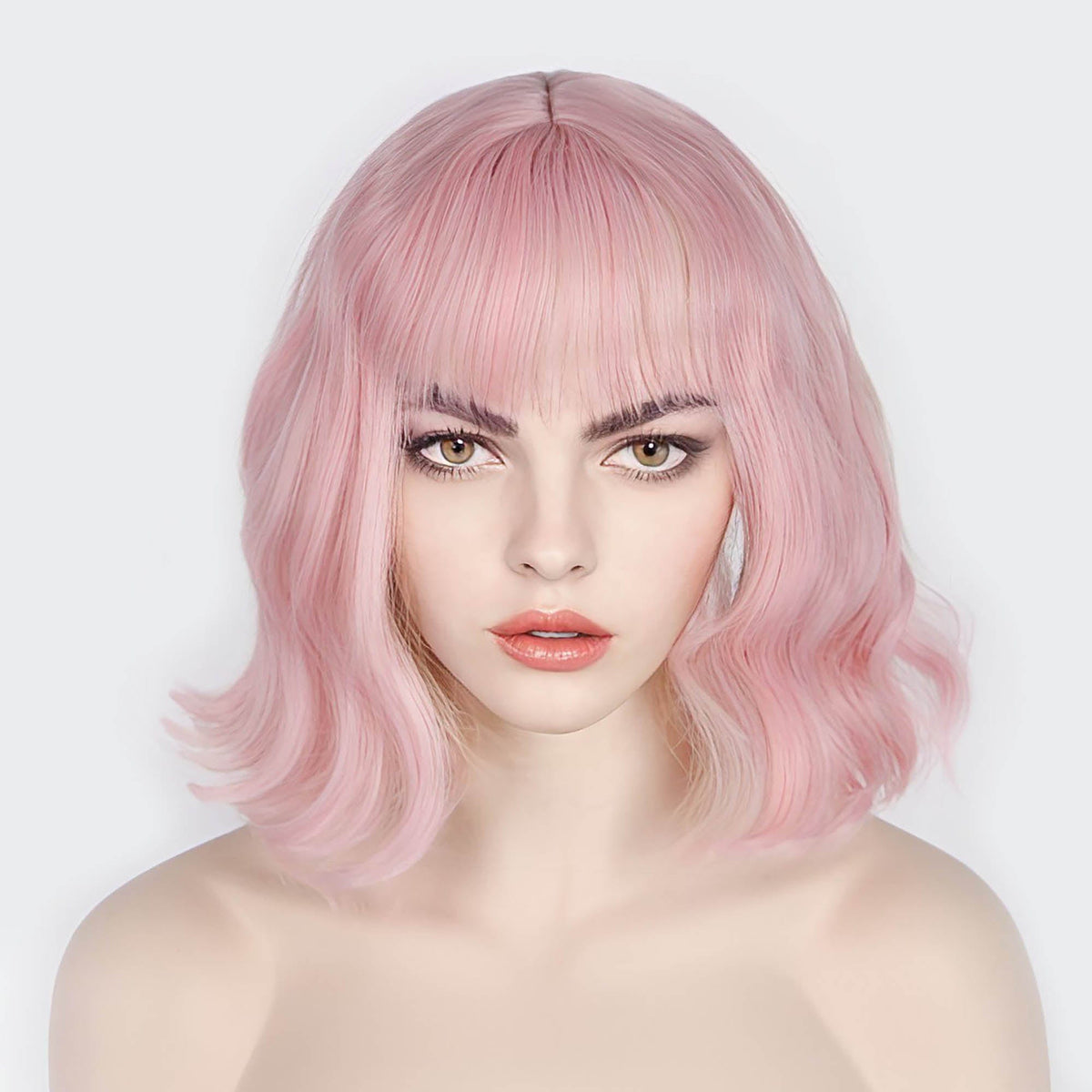 nevermindyrhead Women Pink Short Wavy Fringe Air Bangs Lolita Bob Wig With Yellow Highlight