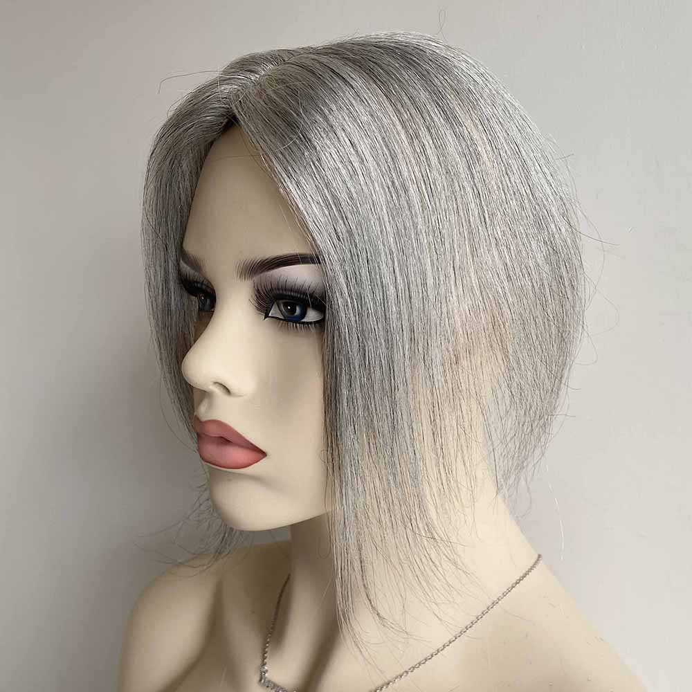 nevermindyrhead Women Silver Gray Salt And Pepper Human Hair Topper For Thinning Hair Straight Clip-In