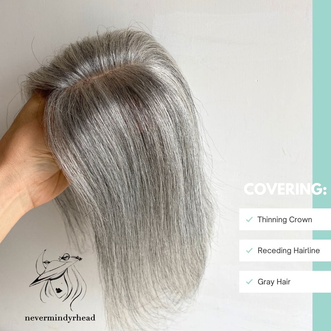 nevermindyrhead Women Silver Gray Salt And Pepper Human Hair Topper For Thinning Hair Straight Clip-In