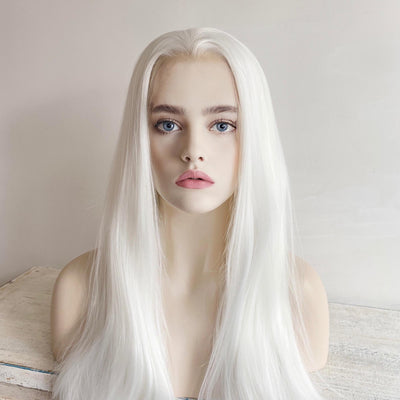 Women White Lace Front Long Straight Widow's Peak Hairline Slicked Back Hair Wig