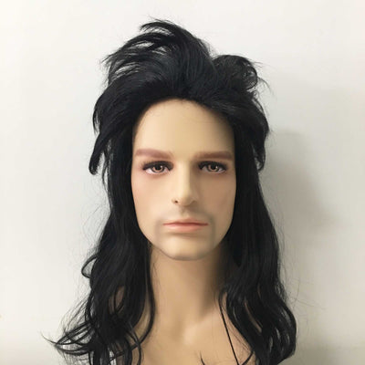 Men Black Long Straight Mullet Retro 70's Punk Cosplay Wig