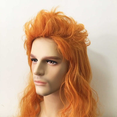 Men Orange Long Curly Punk Mullet Slicked Back Retro Cosplay Wig