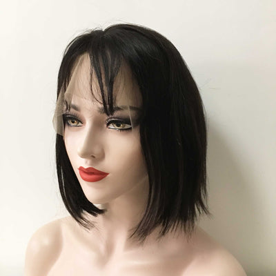 Women Black Human Hair 13X6 Lace Front Short Straight Thin Bangs Wig