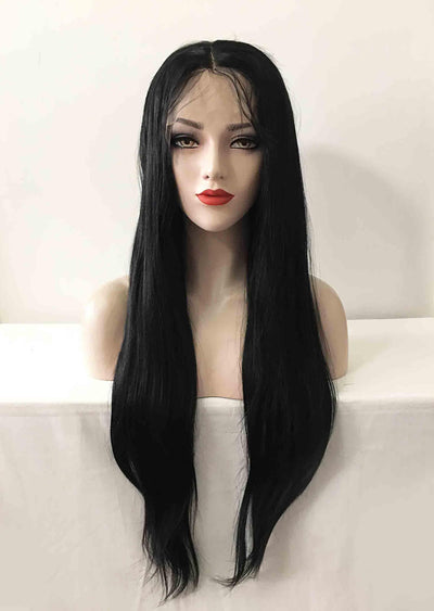 Women Black Lace Front Long Straight Pre-plucked Middle Part Wig