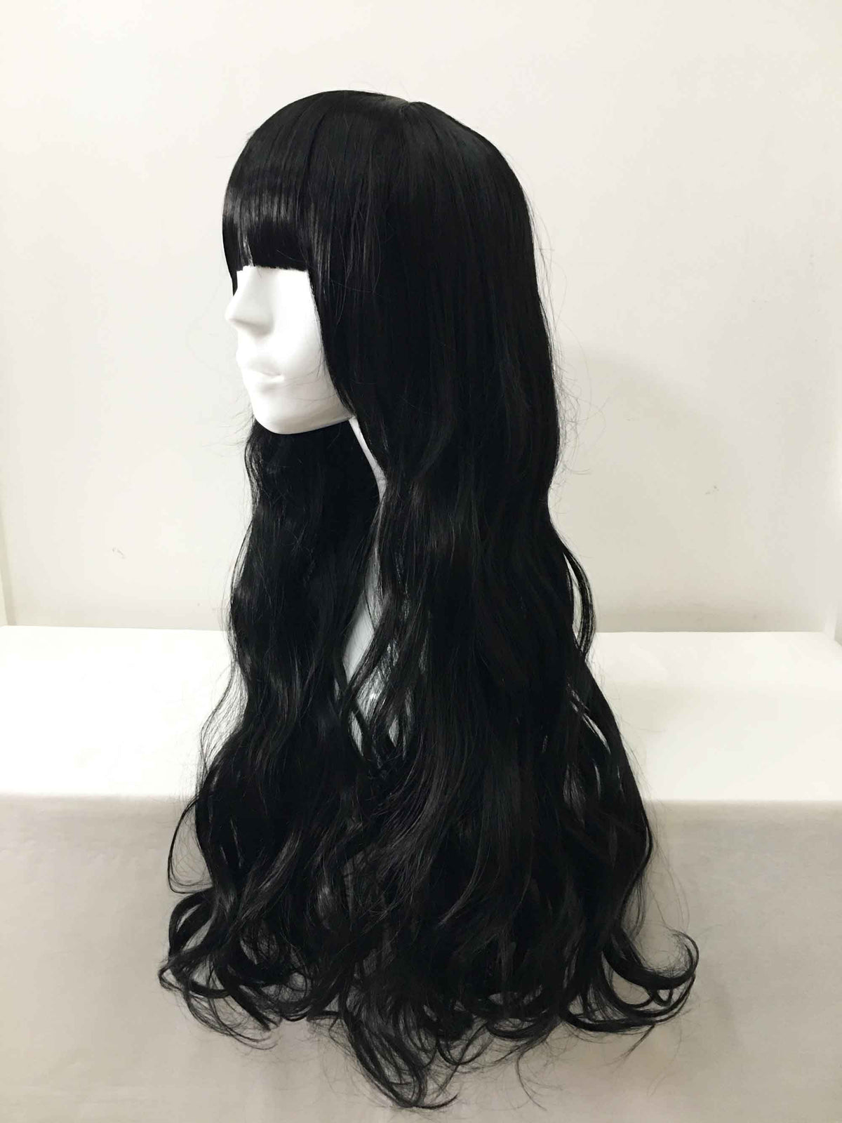 nevermindyrhead Women Black Long Curly Blunt Bangs Cosplay Wig