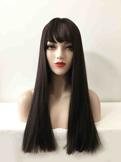 Women Black Long Straight Fringe Bangs Blunt Cut Wig