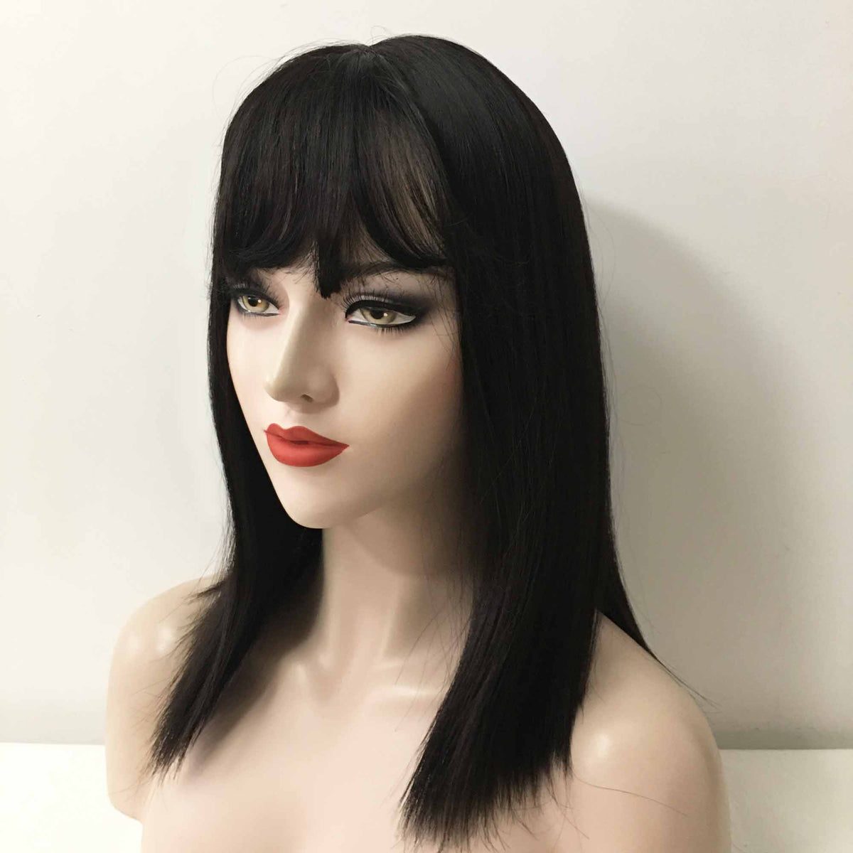 nevermindyrhead Women Black Medium Length Straight Blunt Cut Fringe Bangs Wig
