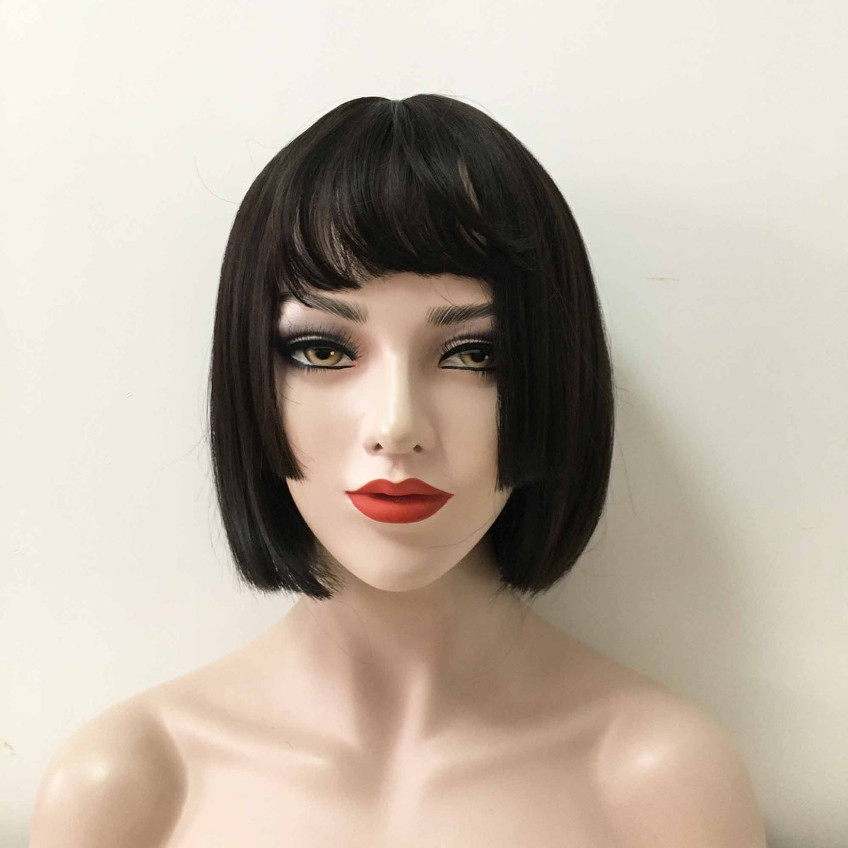 nevermindyrhead Women Black Short Straight Bob Fringe Bangs Layered Wig