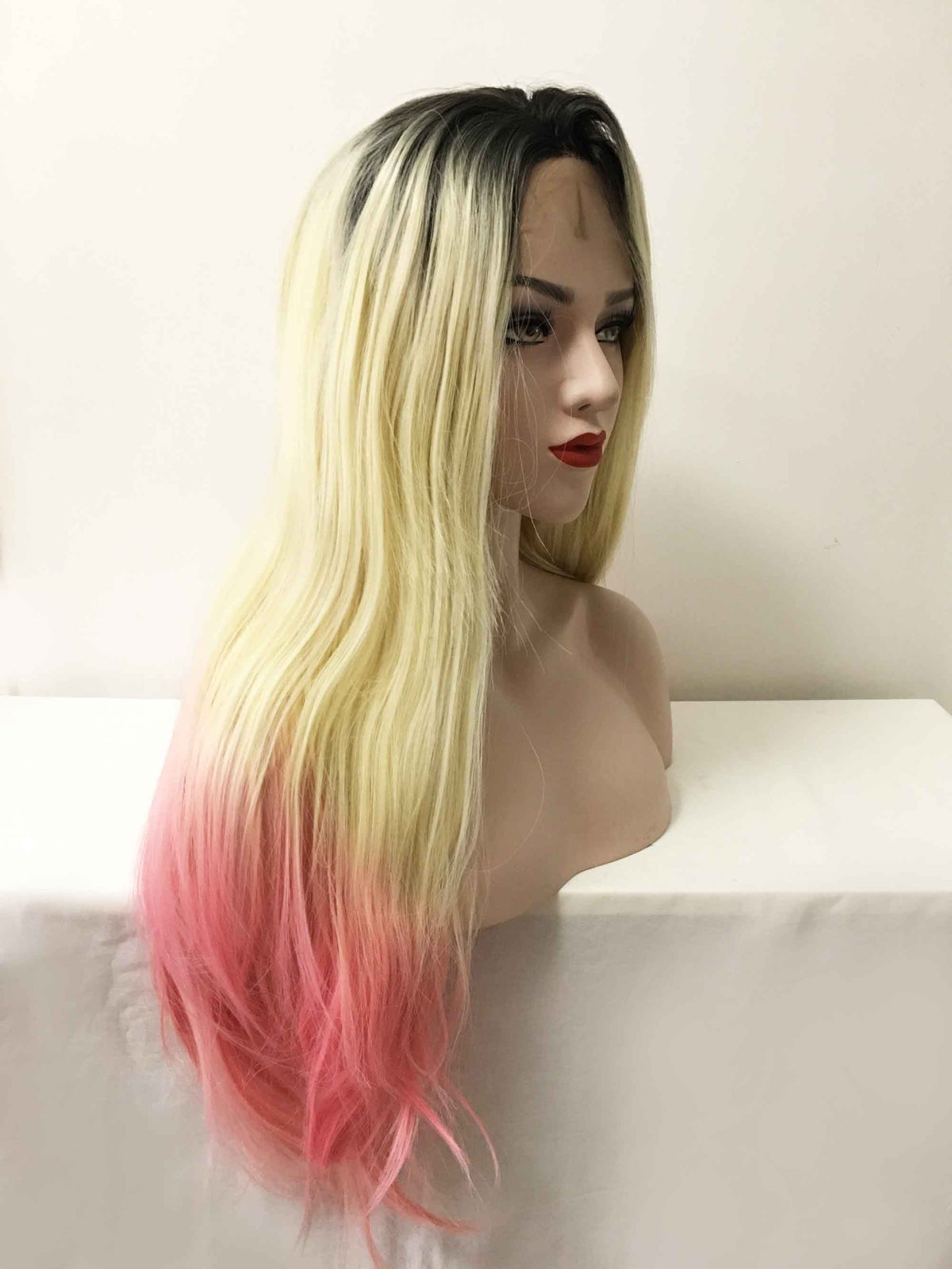 nevermindyrhead Women Blonde Ombre Pink Dark Root Lace Front Long Straight Middle Part Wig