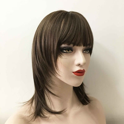 Women Dark Brown Medium Length Straight Fringe Bangs Mullet Wolf Cut Wig