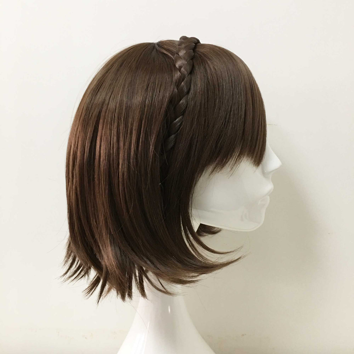 nevermindyrhead Women Dark Brown Short Straight Braided Headband Long Bangs Cosplay Wig