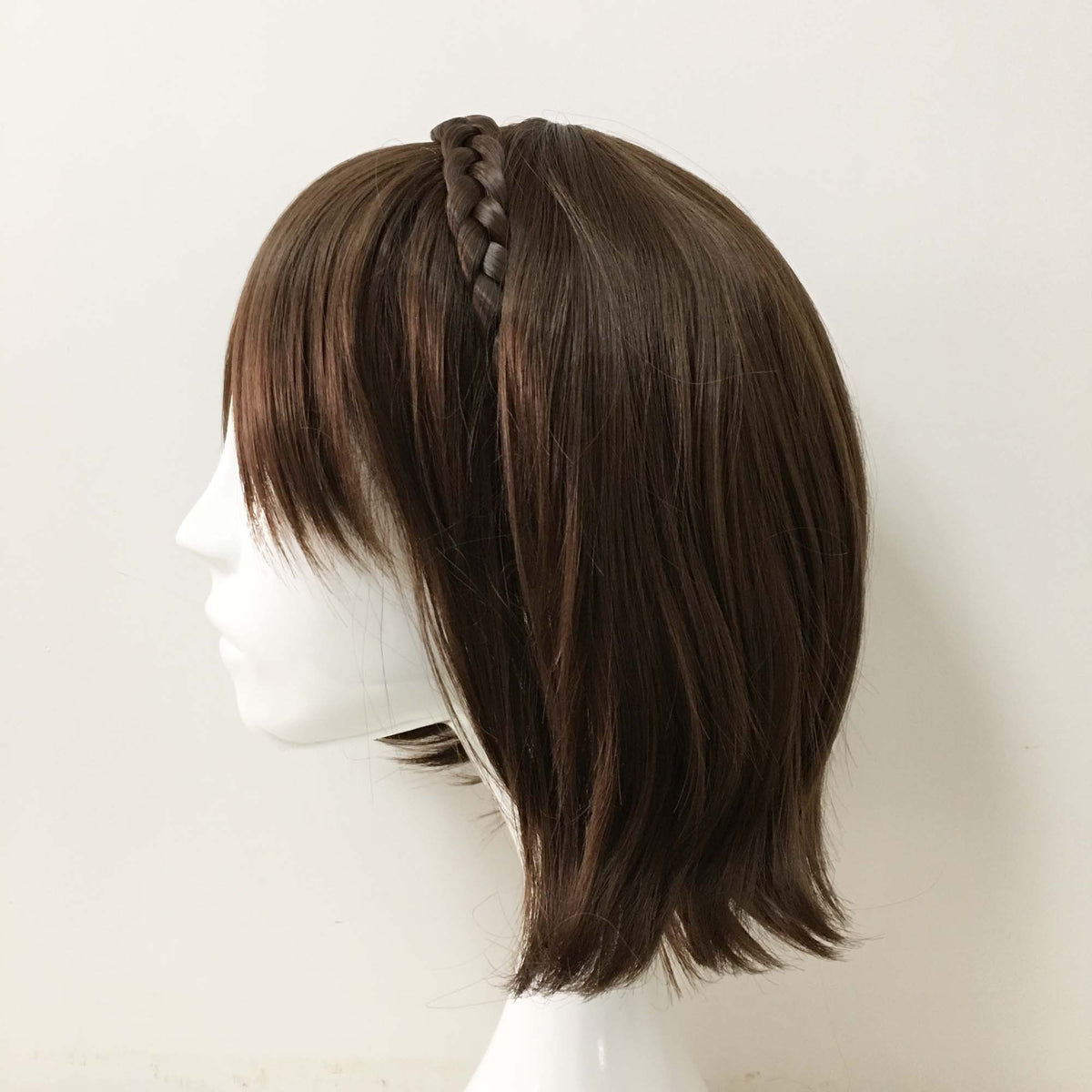 nevermindyrhead Women Dark Brown Short Straight Braided Headband Long Bangs Cosplay Wig
