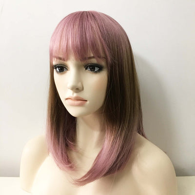 Perruque droite mi-longue pour femme, dégradé de rose foncé et marron, avec frange