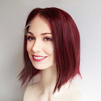 Women Dark Red Human Hair Lace Front Short Straight Middle Part Bob Wig