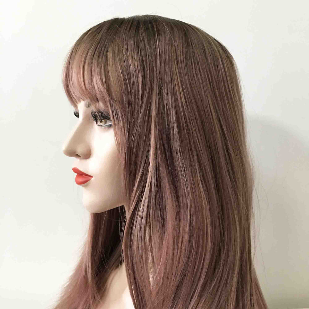 nevermindyrhead Women Dusty Pink Ombre Long Straight Fringe Bangs Layered Wig