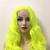 Perruque longue bouclée jaune fluo avec raie au milieu et dentelle frontale pour femme
