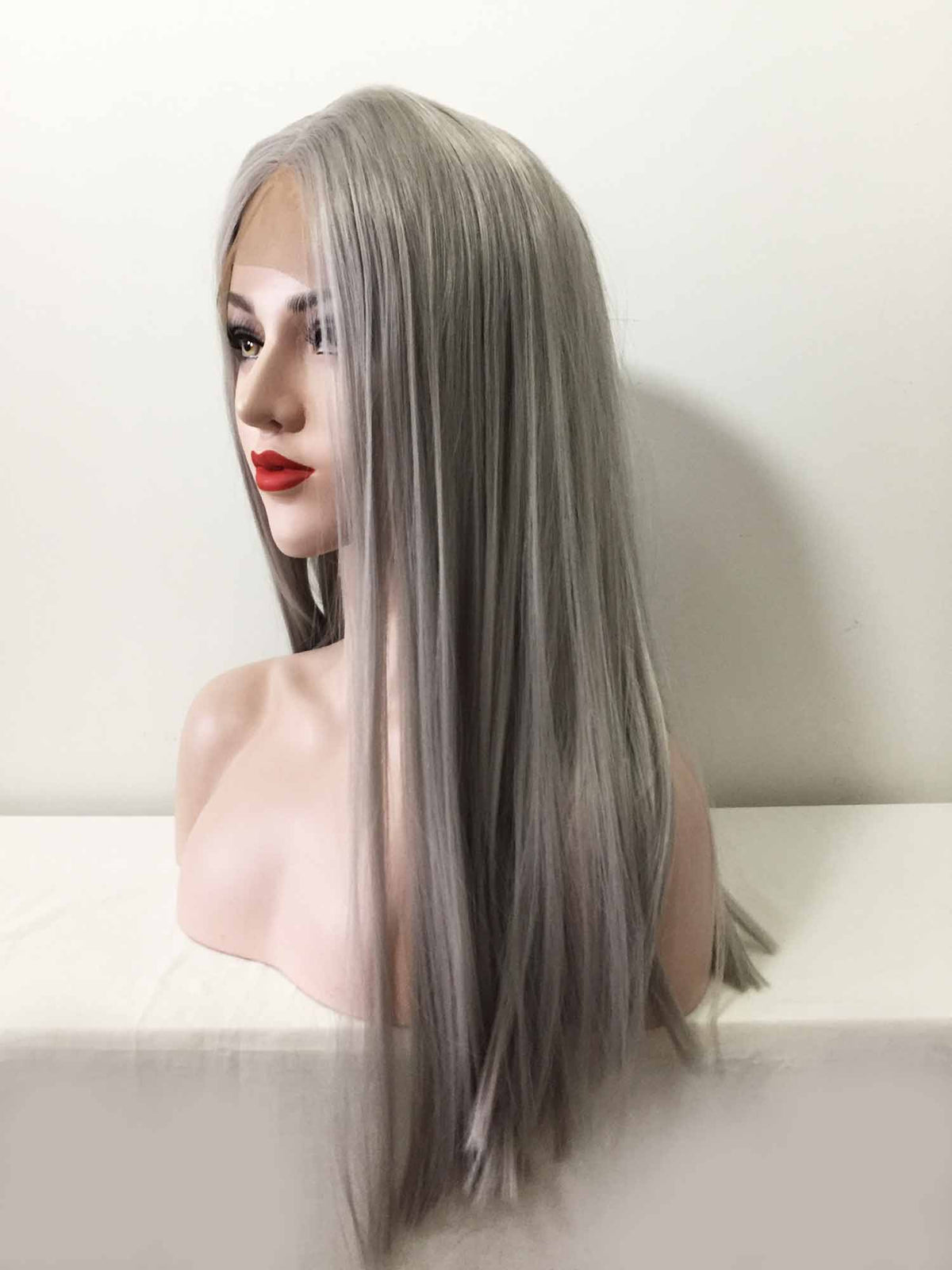 nevermindyrhead Women Grey Lace Front Middle Part Long Straight Choppy End Wig 20inches