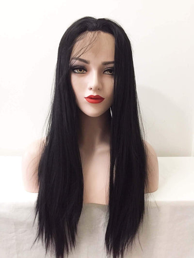 Schwarze, lange, gerade, vorgezupfte Baby-Pony-Perücke für Damen mit Spitze vorne