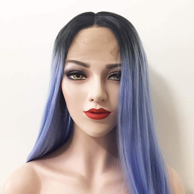 Women Lace Front Ombre Light Blue Dark Root Long Straight Middle Part Wig