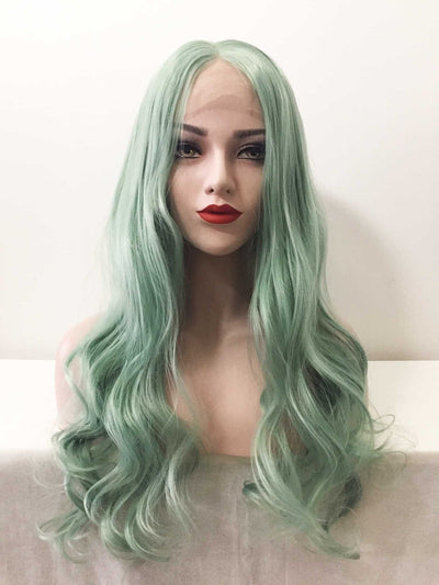 Women Pastel Green Lace Front Long Curly Middle Part Wig
