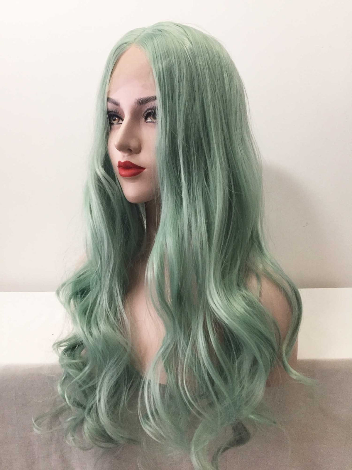 nevermindyrhead Women Lace Front Pastel Green Middle Part Long Curly Wavy Hair Wig