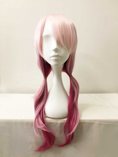 Perruque de cosplay longue et droite pour femme, rose ombré, avec frange et queue de cheval