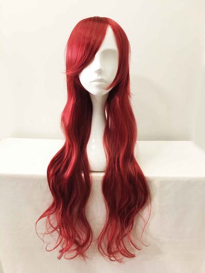 Rote lange lockige, seitlich gefegte Pony-Cosplay-Perücke für Damen