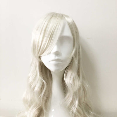 Weiße lange lockige, seitlich gefegte Pony-Cosplay-Perücke für Damen