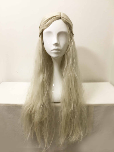 Perruque de cosplay tressée latérale, longue, ondulée, frisée, style princesse, pour femme, blanche